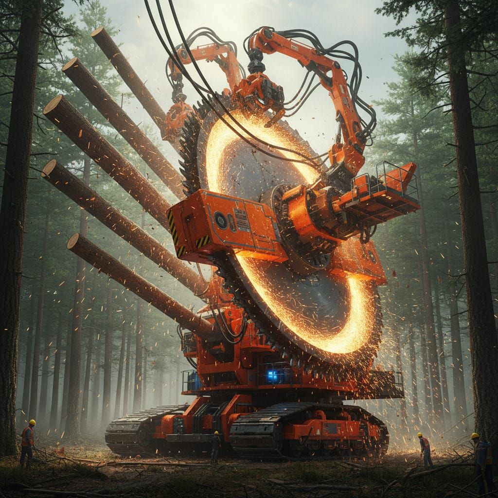 Giant Industrial Saw Cutting Pine Forest