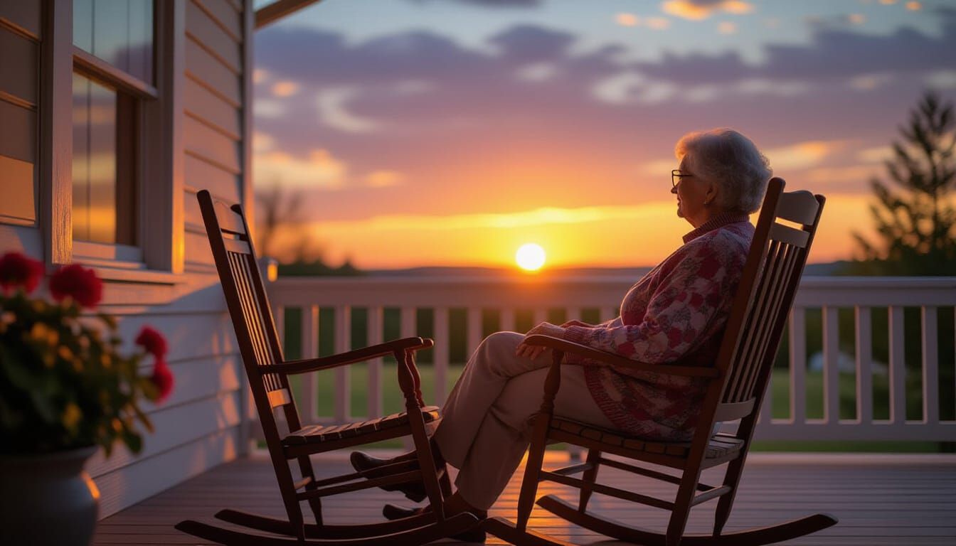 Hyperrealistic Sunset Portrait of Elderly Woman on Porch