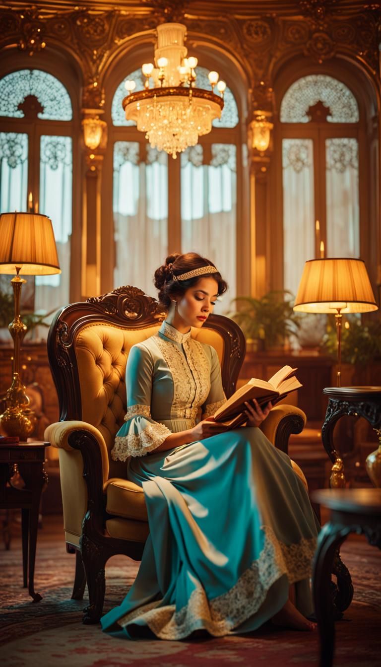 Art Nouveau Woman Reading by Firelight