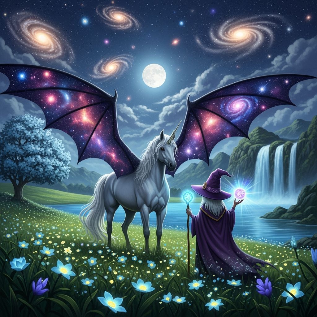 Celestial Winged Unicorn in Fantasy Landscape