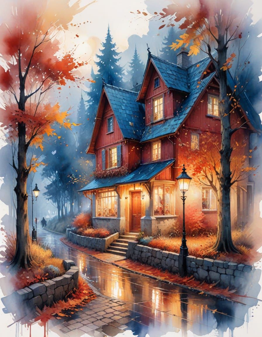 Charming Autumn Village in Watercolor Style