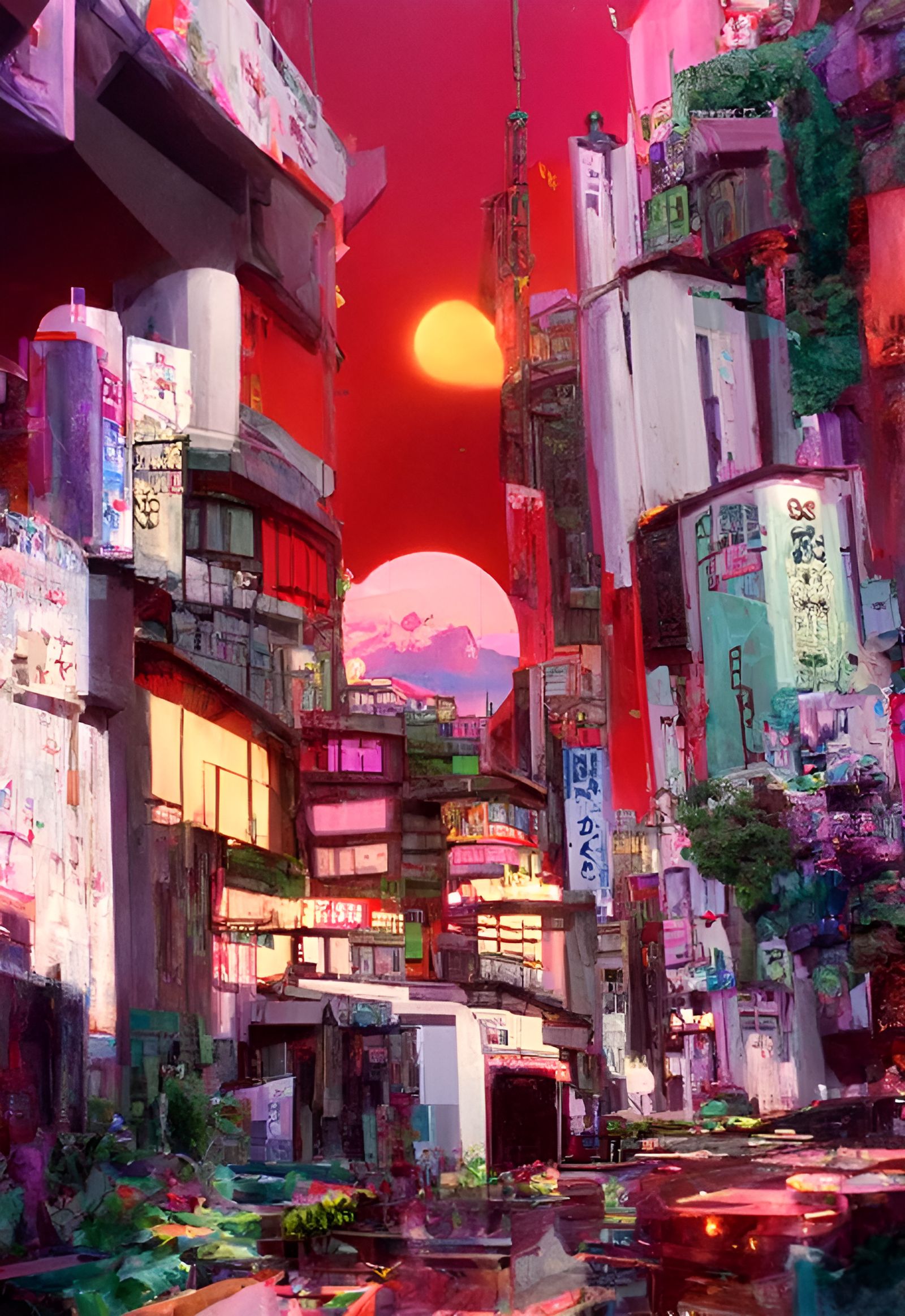 Anime Cityscape with Geometric Lights, Digital Painting