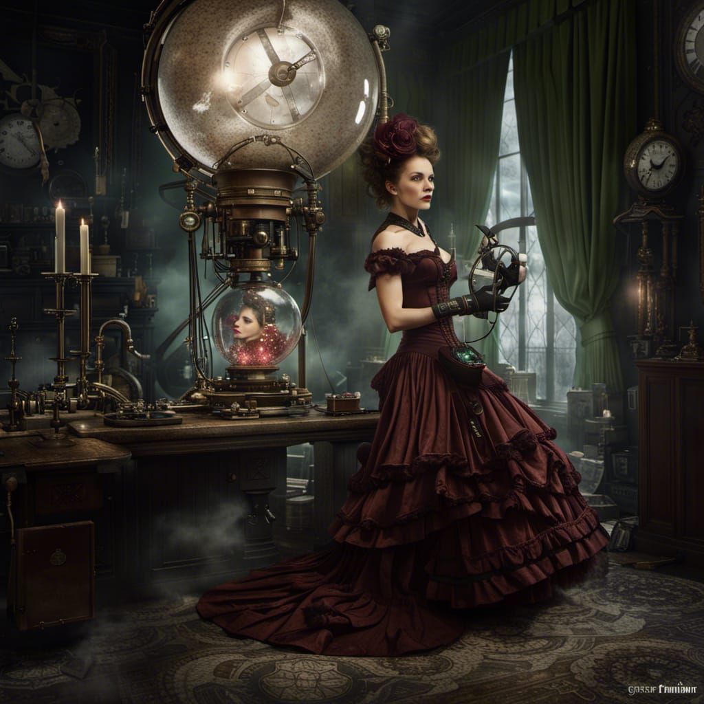 Victorian Steampunk Woman Calibrates Sparkling Machine