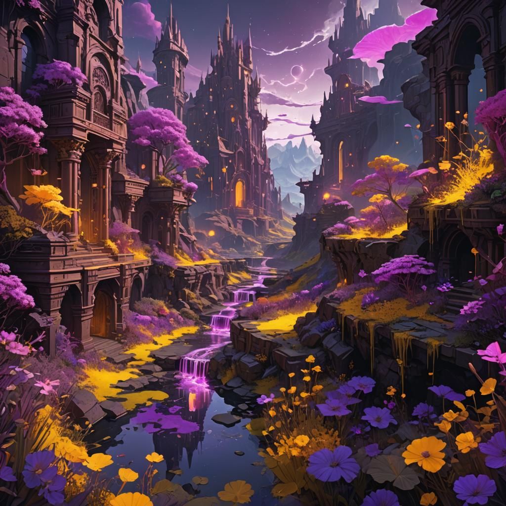 Dark Fantasy Fluorescent Landscape, Hyperdetailed Digital Ar...