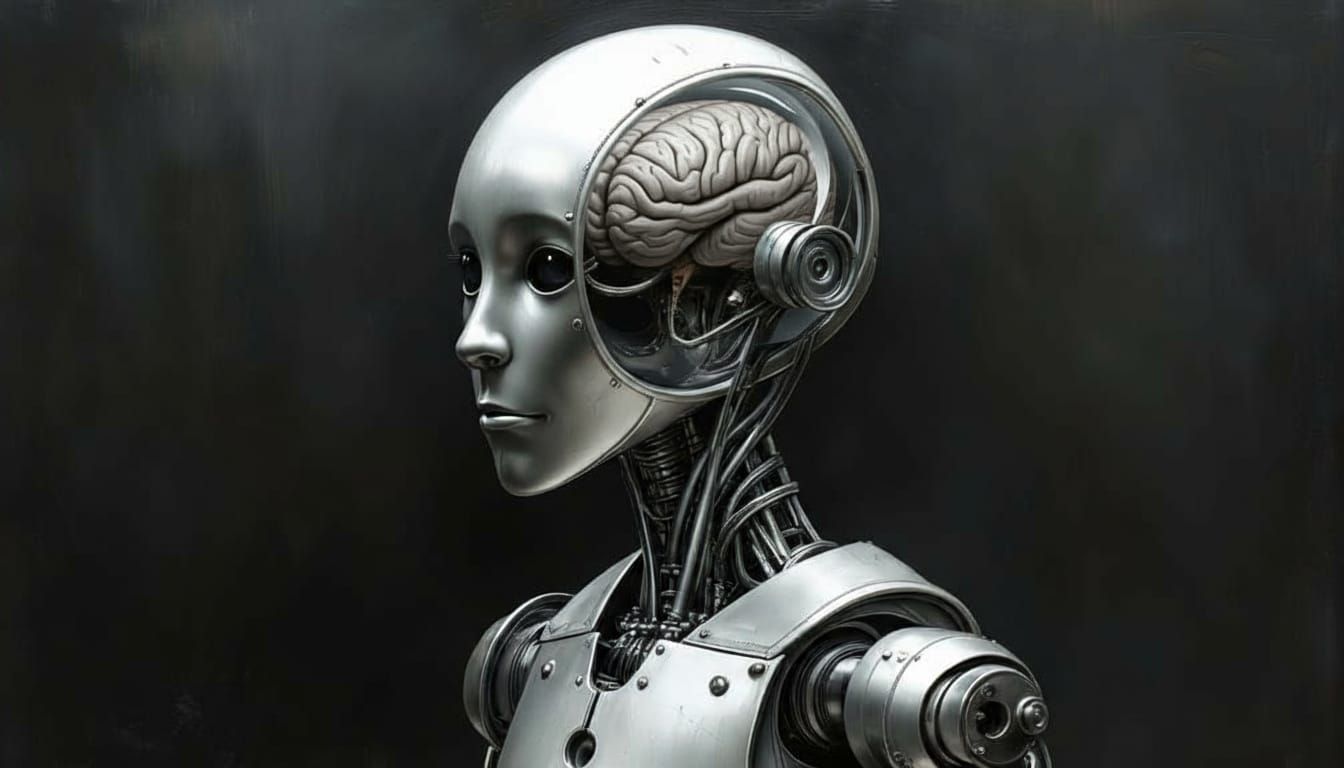 Brushed Steel Robot With Brain, Surreal Fantasy Art
