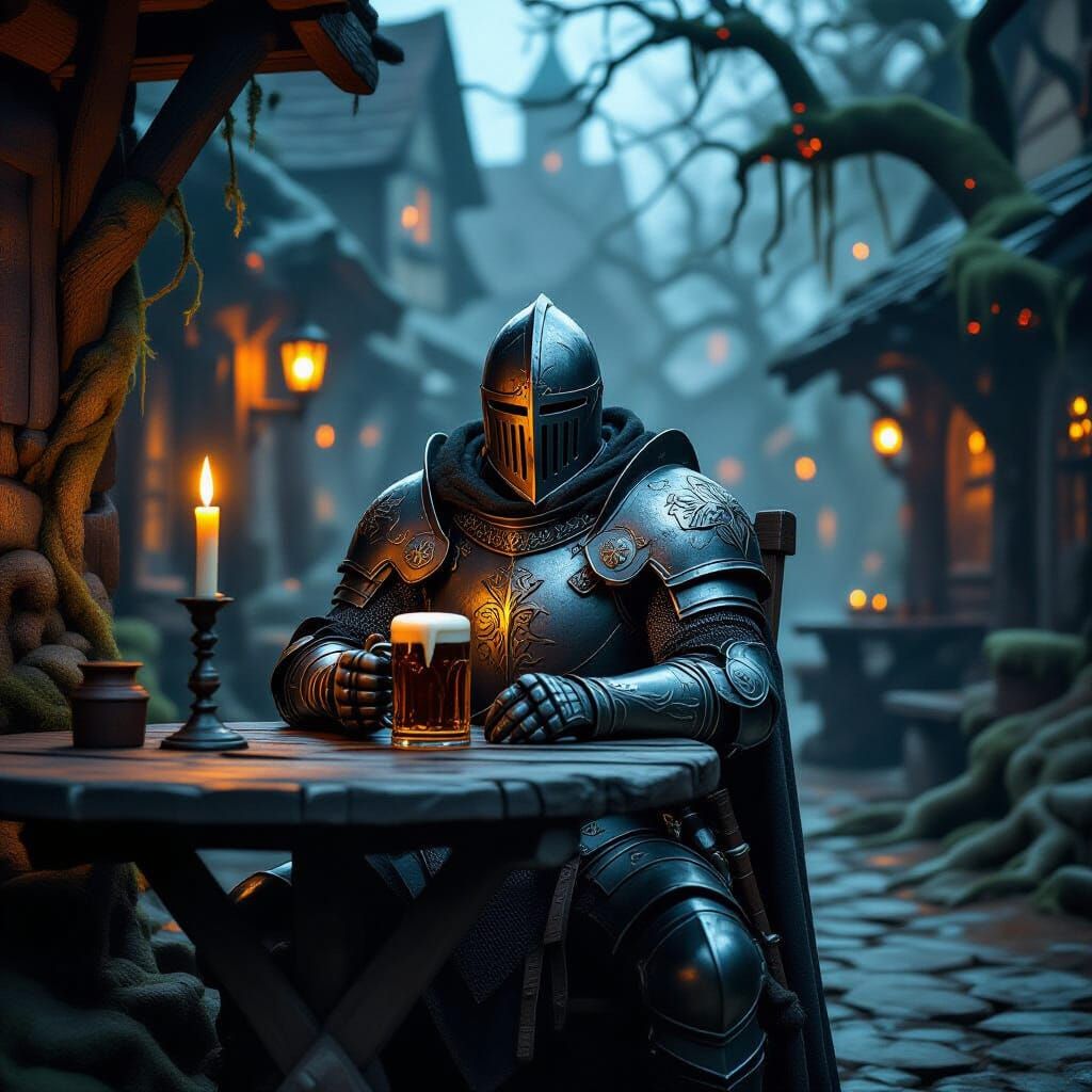 Lone Knight at Tavern Table in Dark Fantasy Style