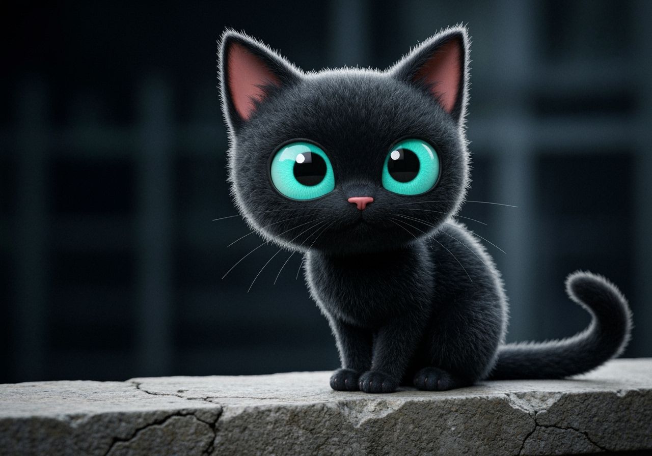 Stylized 3D Black Cat with Cyan Eyes