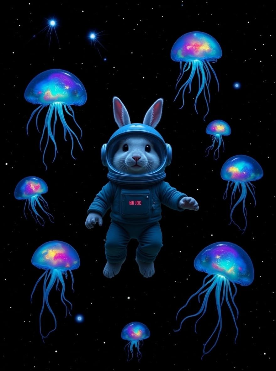 Rabbit Astronaut Swims With Galaxy Jellyfish in Space
