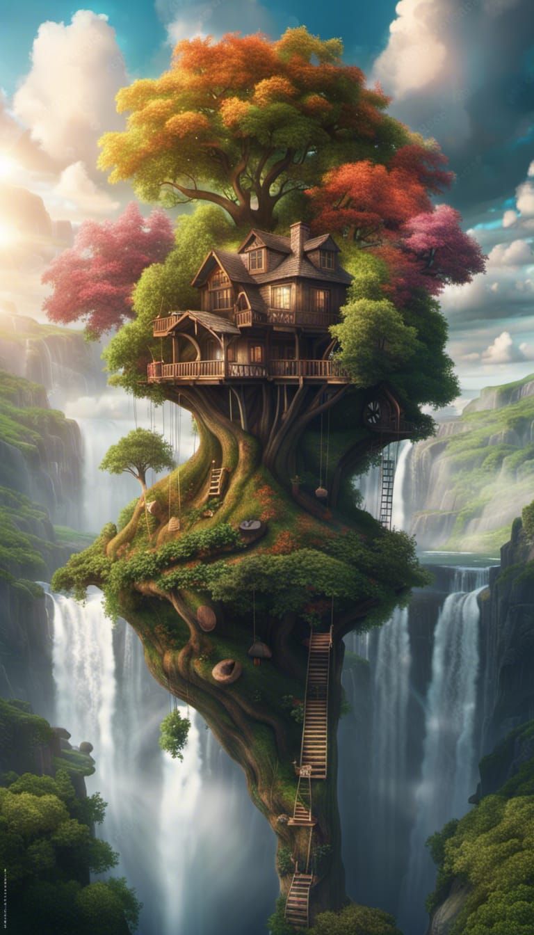 Magical Treehouse Floating Above Waterfall