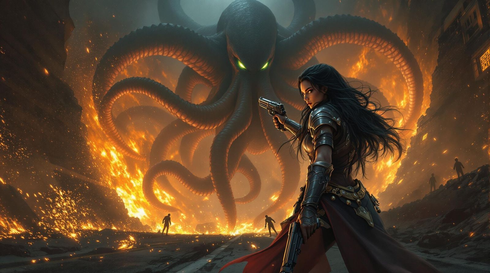 Glowing Warrior Woman in Epic Battle Scene, Cyberpunk Horror...