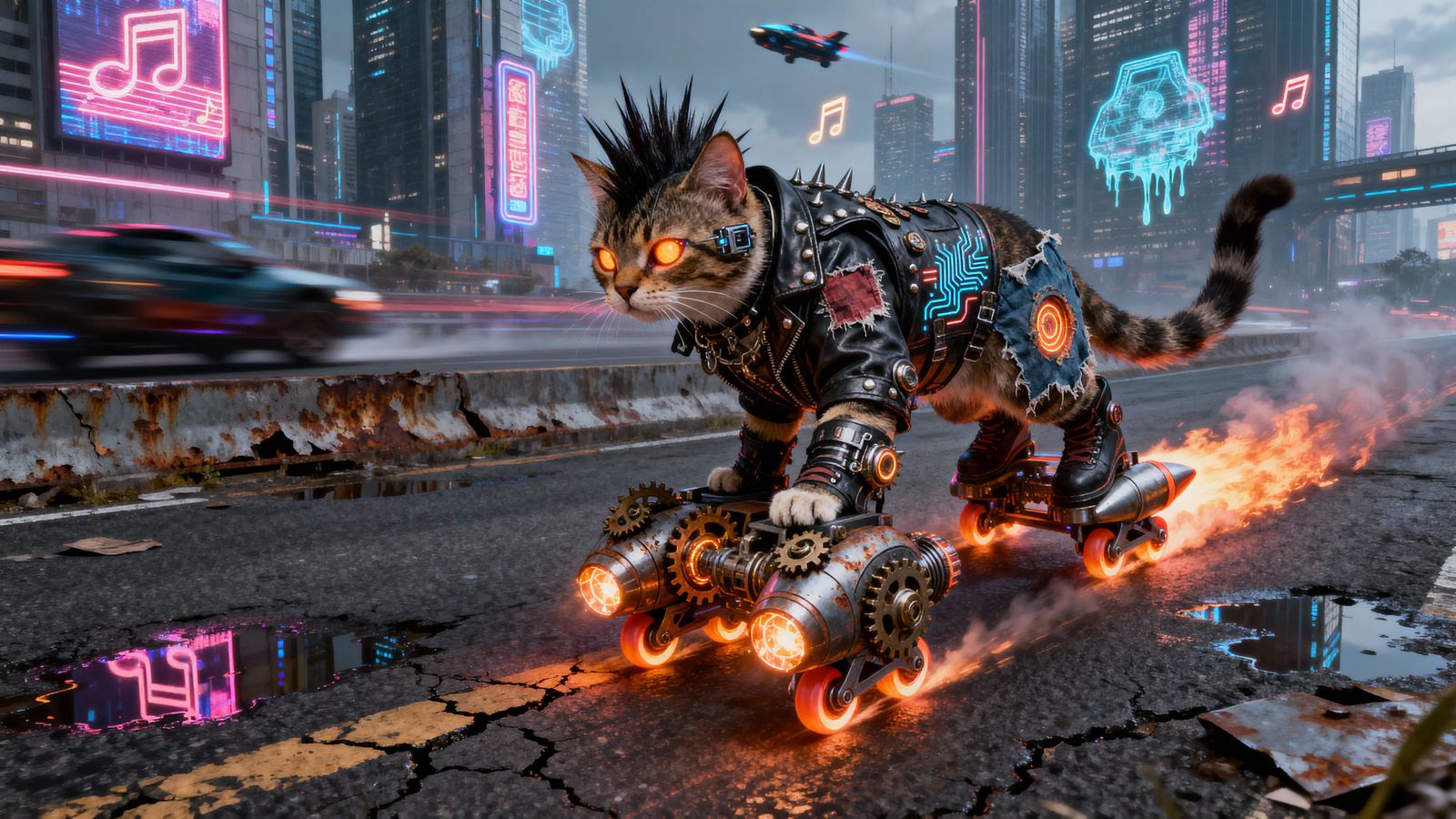 Punk Rock Cat on Rocket Skates in Cityscape