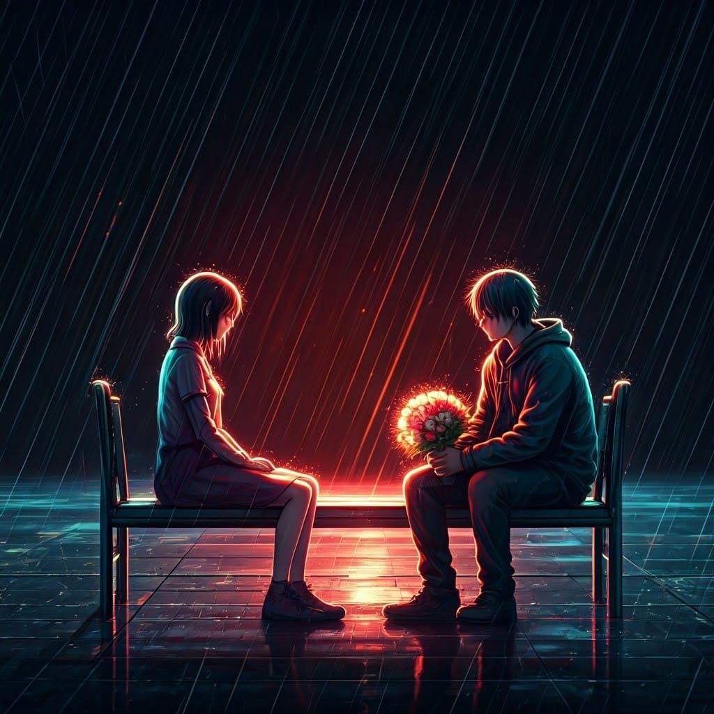 Romantic Rainy Bench Scene in Japanese Manga Style