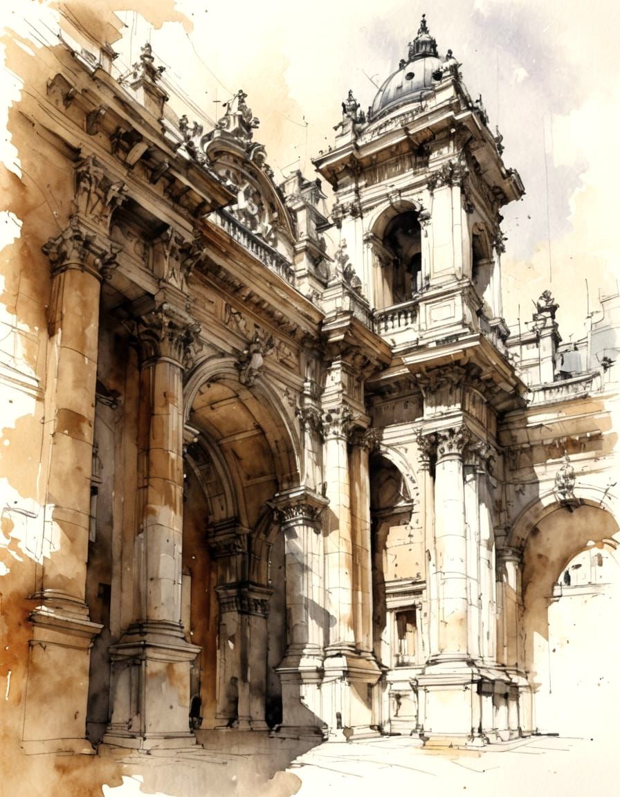 Ornate Building Architectural Sketch with Light and Shadow