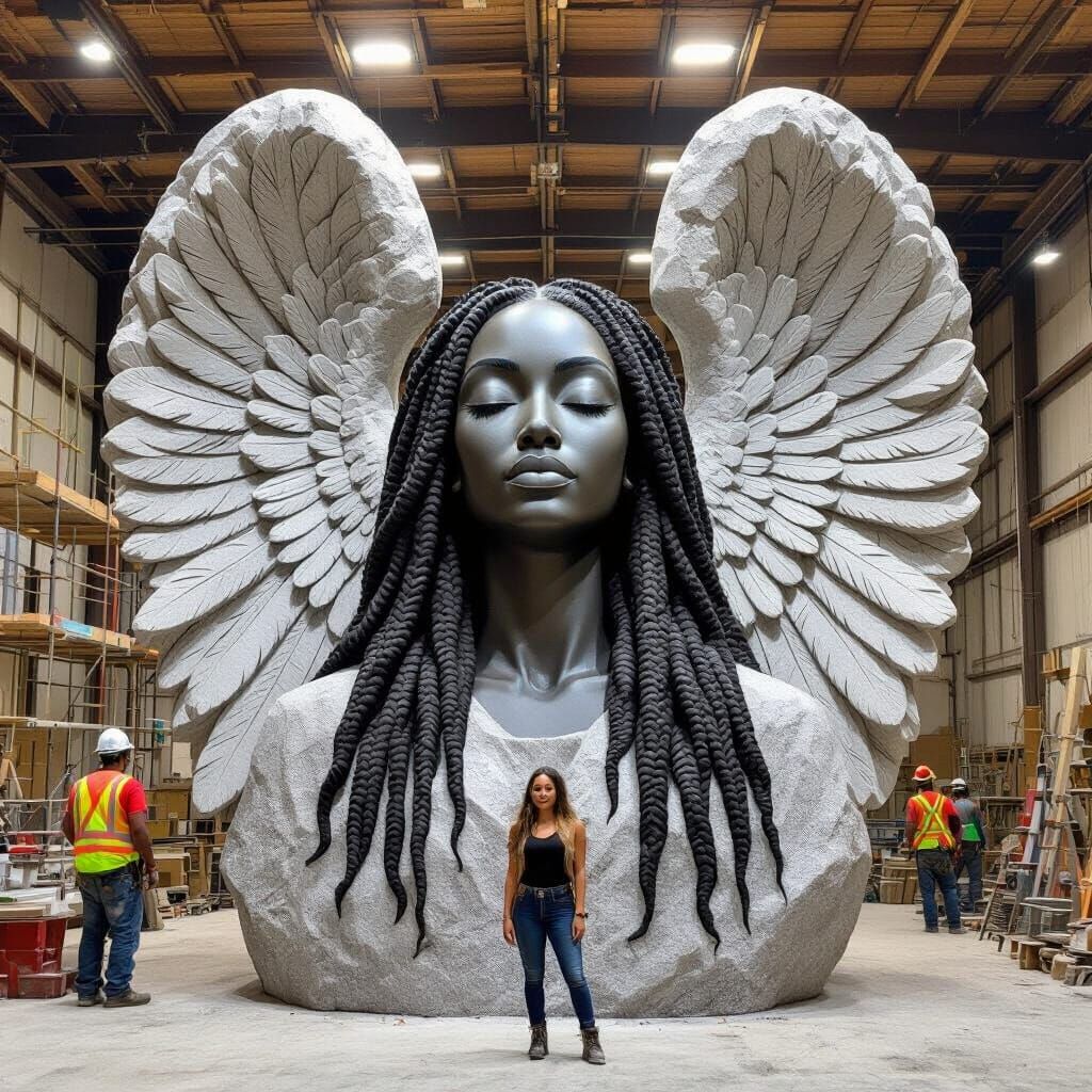 Monumental Stone Sculpture of a Black Woman with Angel Wings