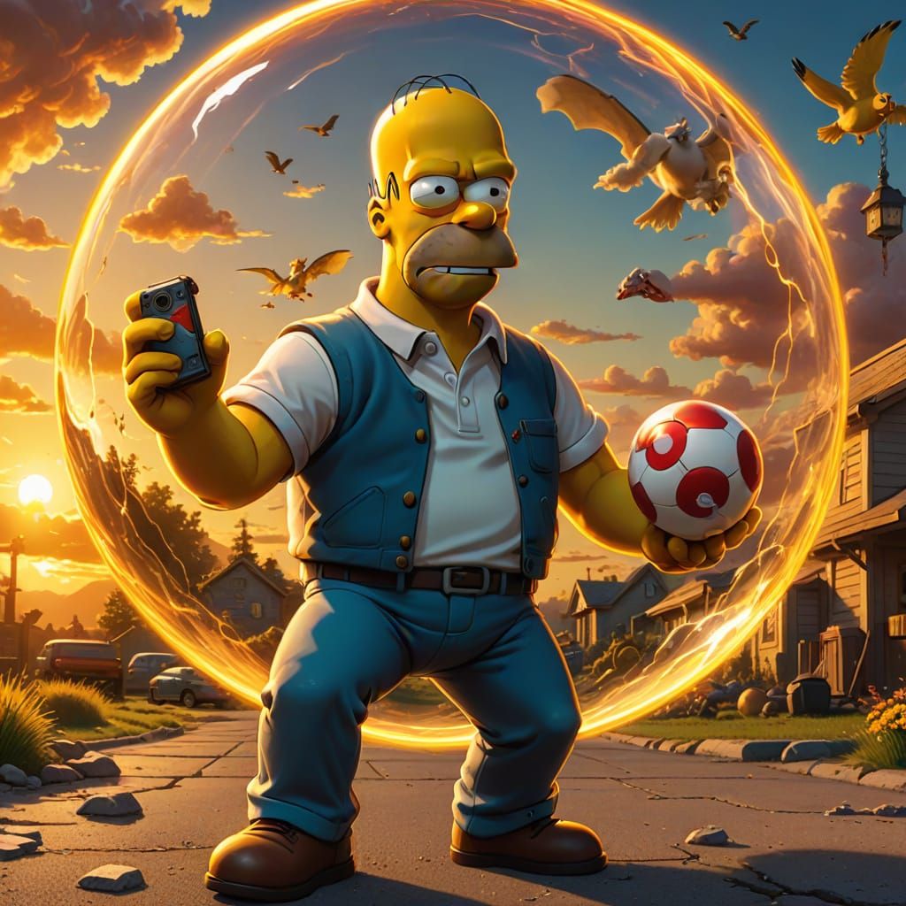 Homer Simpson Pokemon Capture in Oil Painting Style