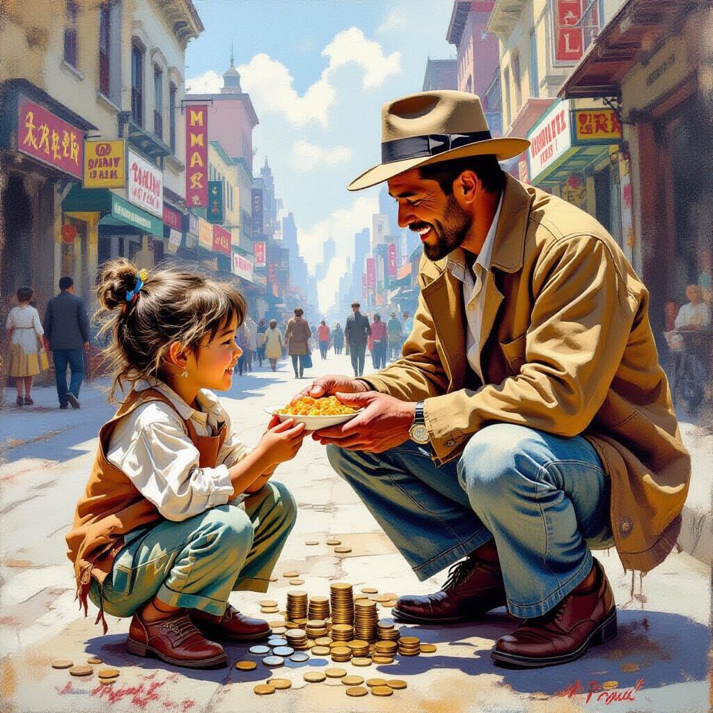 Generous Man Offers Food to Child: Rockwell Style