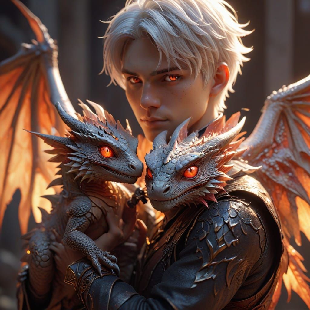 Ethereal Warrior with Dragon Companion in Vibrant Golden Lig...