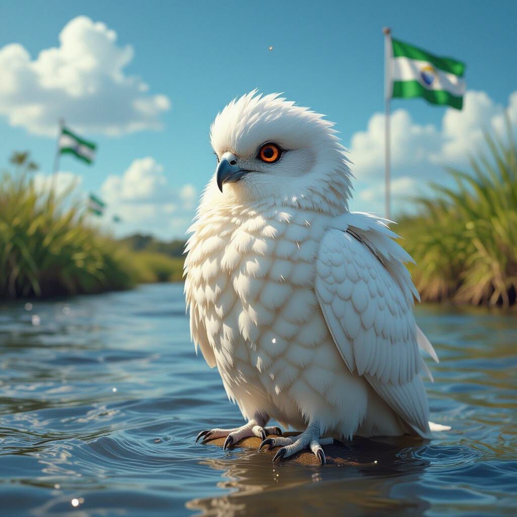 Scarlet Ibis on Windswept River, Hyperrealistic Style