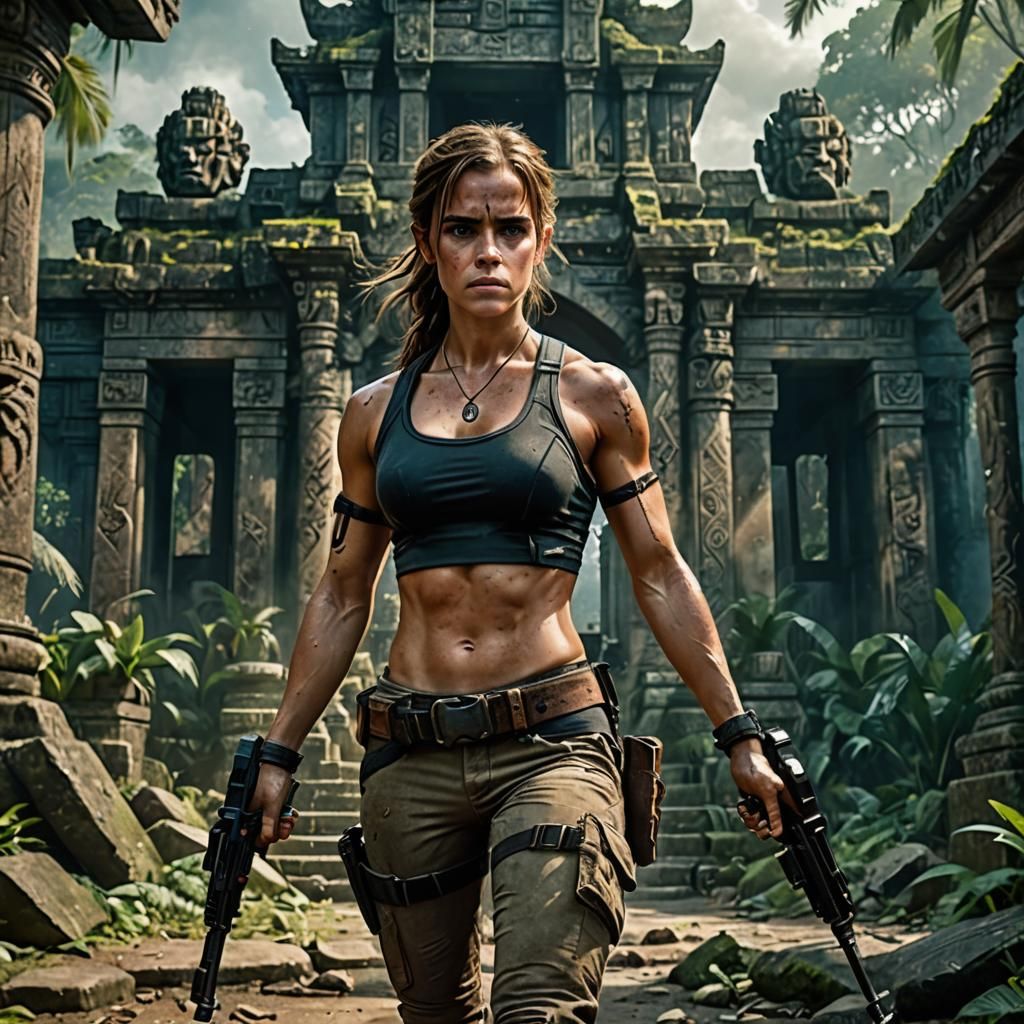 Muscular Woman with Pistols in Jungle Temple Art