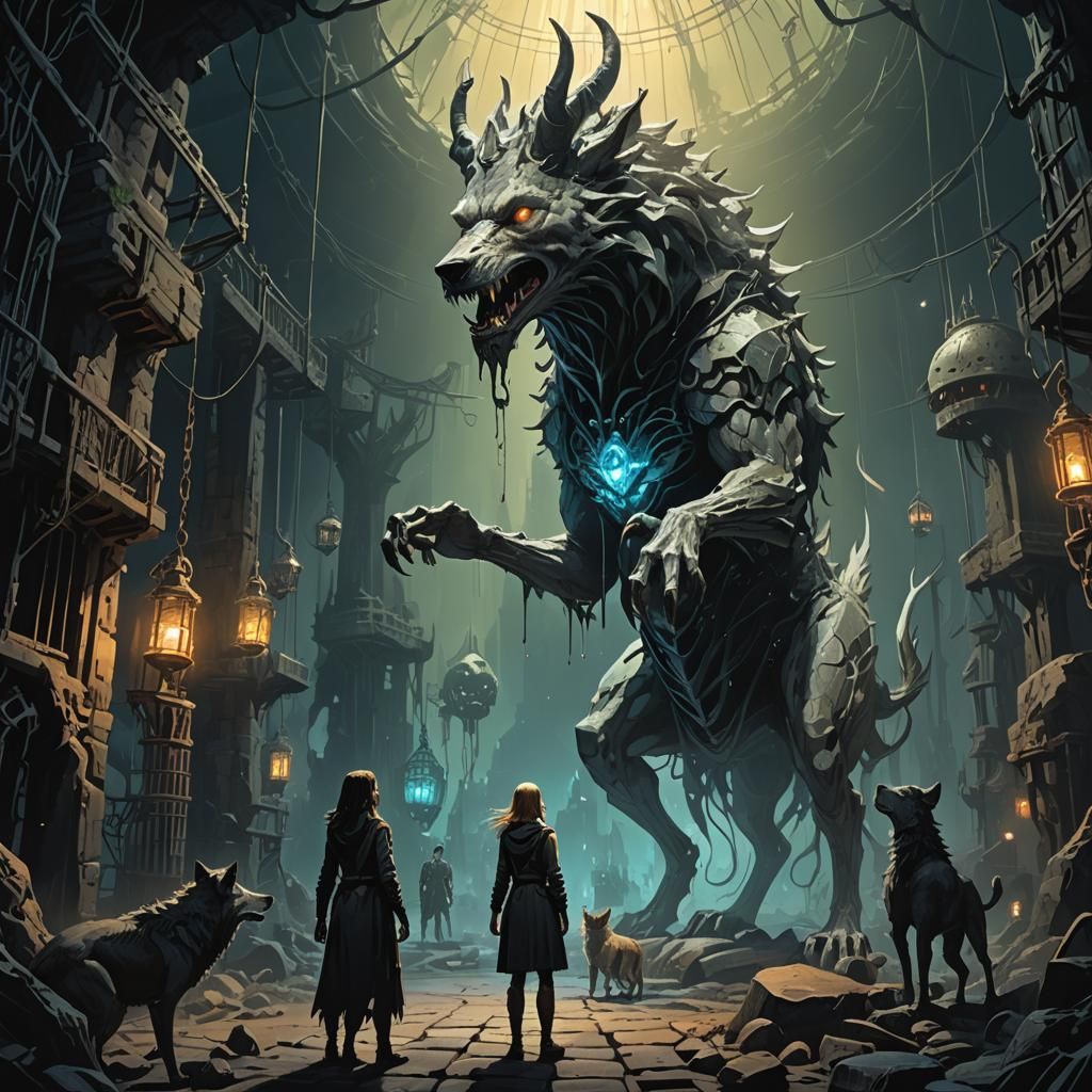 Horned Woman in Bioluminescent Underworld Dungeon