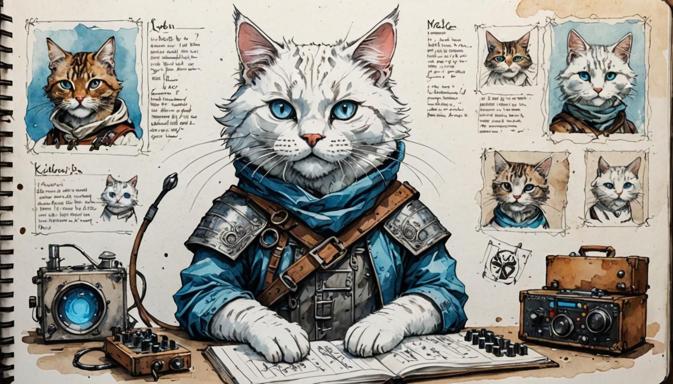 Cat Plays Synth: Watercolor Sketchbook Character Sheet