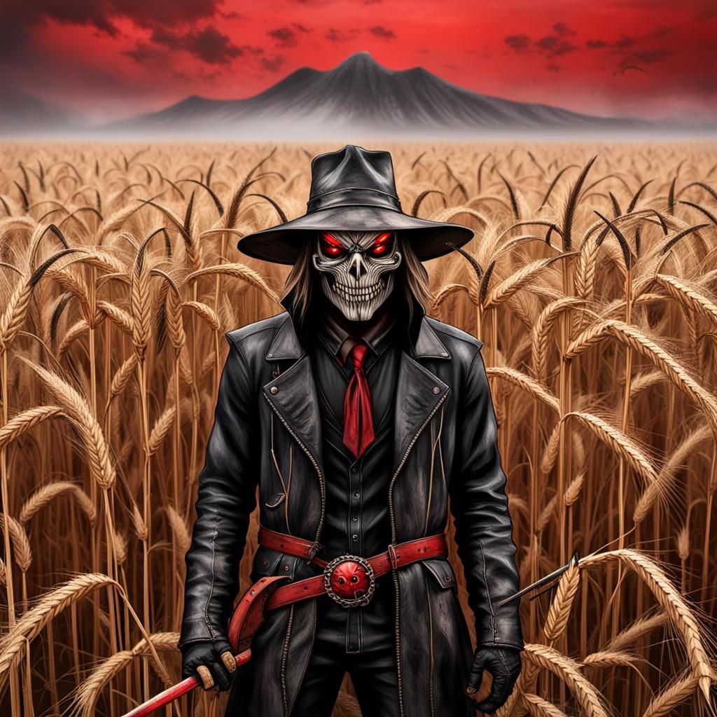 Demonic Scarecrow with Metal Mask in Red Fog