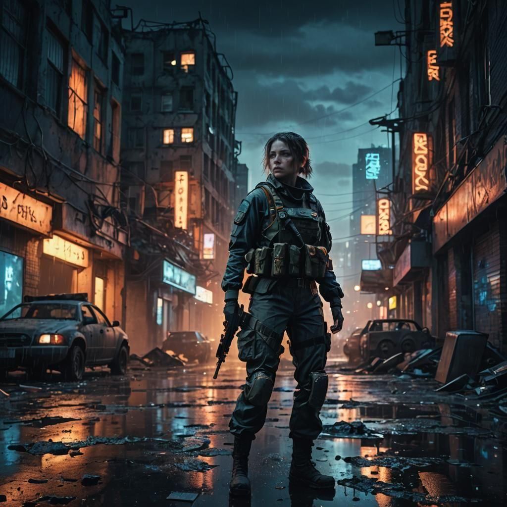 Female Soldier in a Post-Apocalyptic City