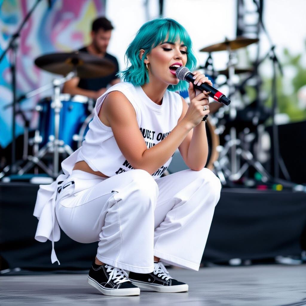 Turquoise Haired Singer Performs Energetically on Stage