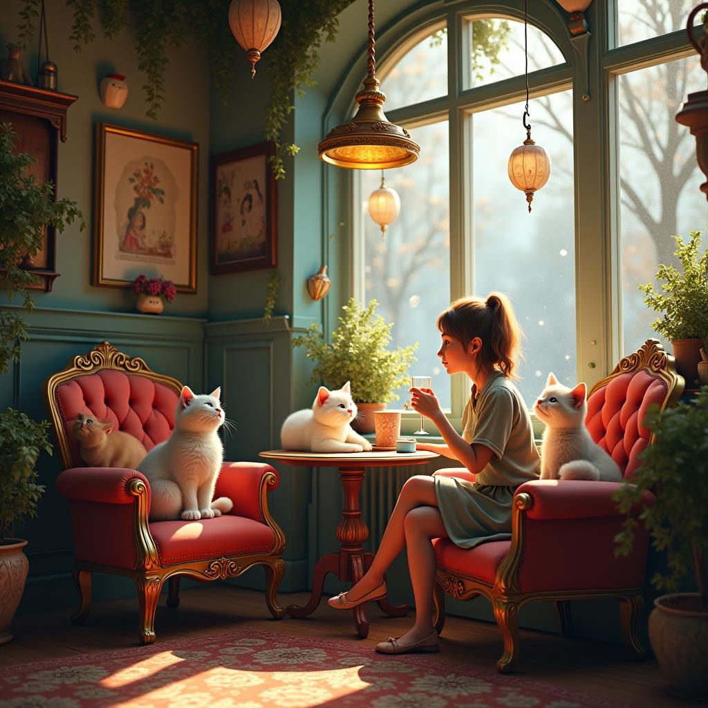 Whimsical Cat Cafe with Young Woman, Fantasy Art