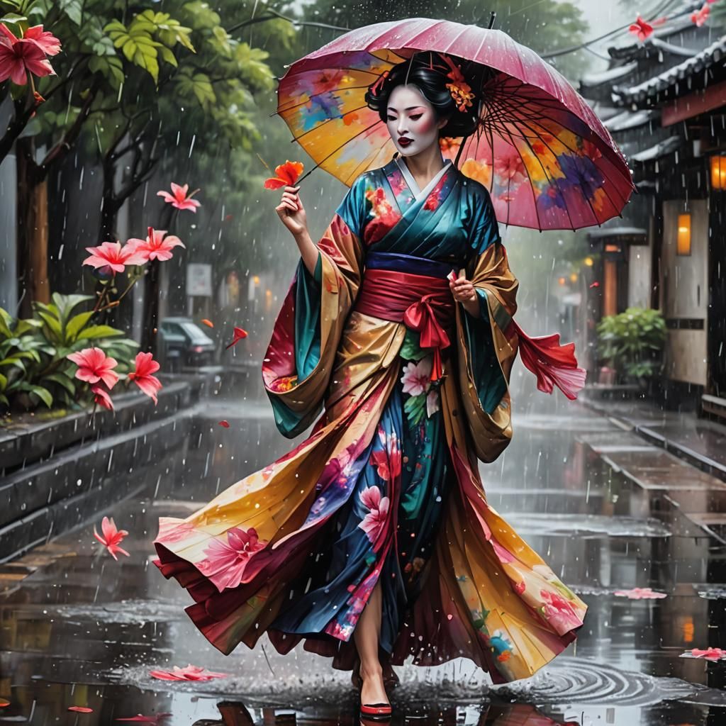 Geisha Dancing in Rain with Hibiscus Umbrella