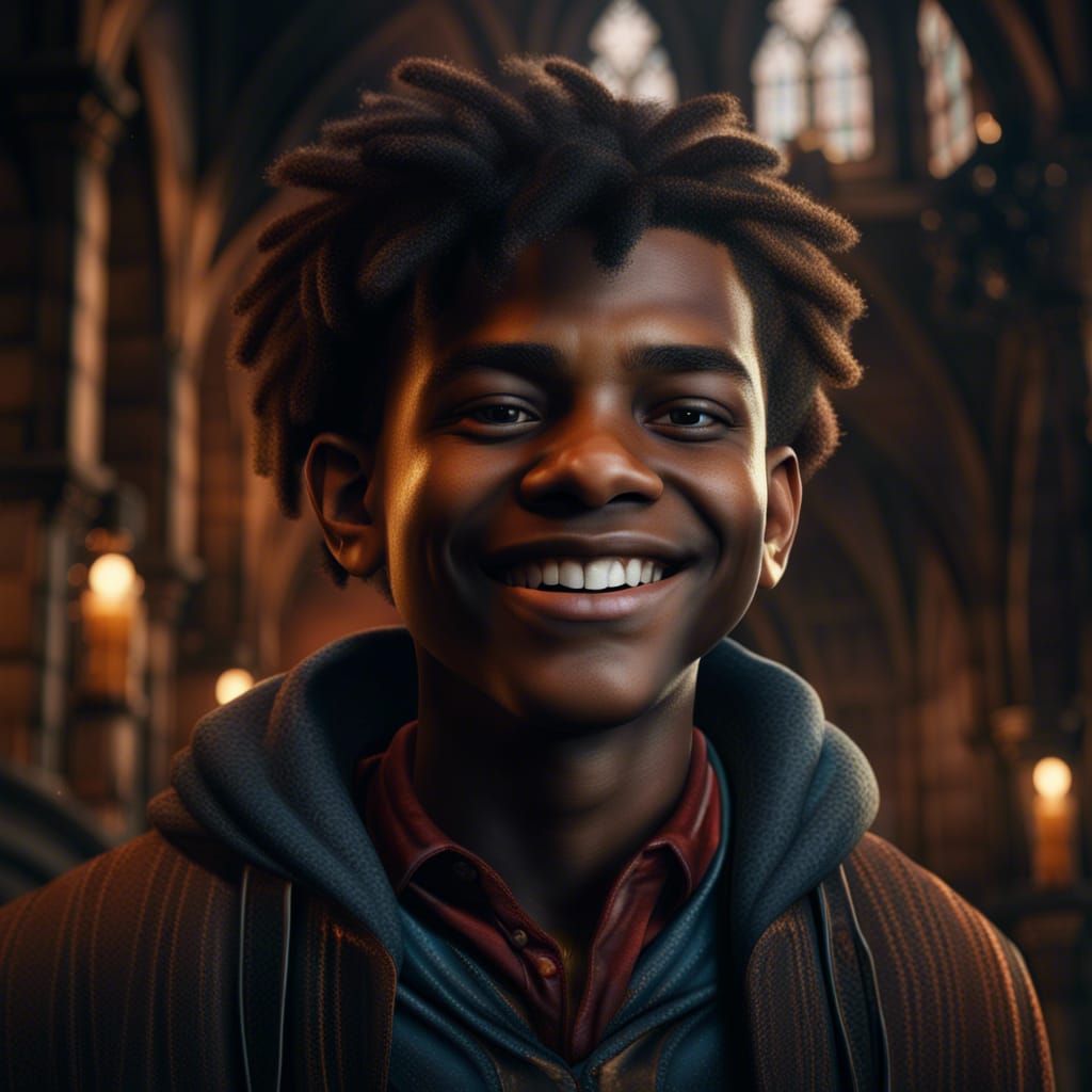 Smiling Black Boy at Hogwarts in Detailed Matte Painting