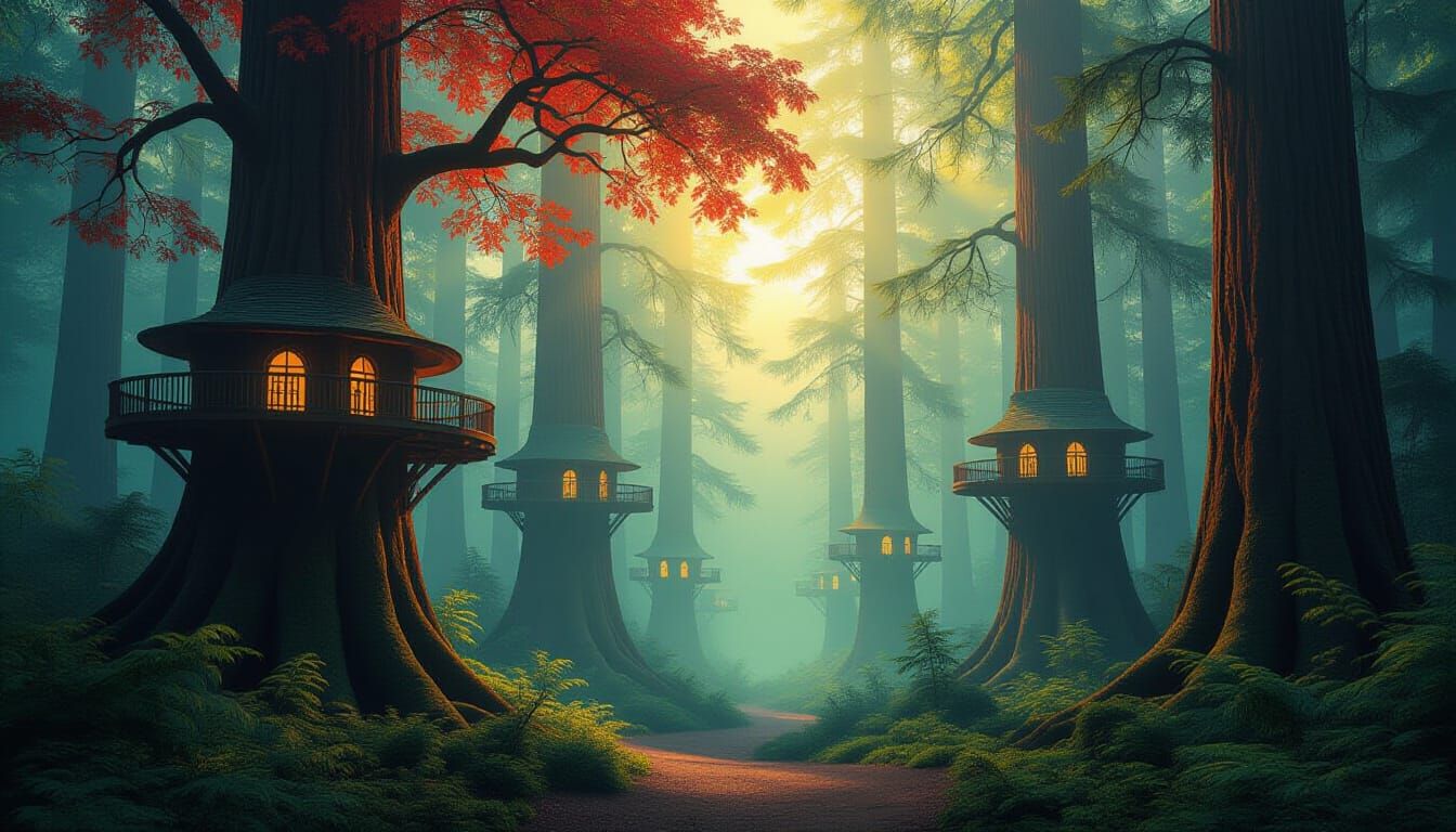 Glowing Redwood Village with Fractal Walkways