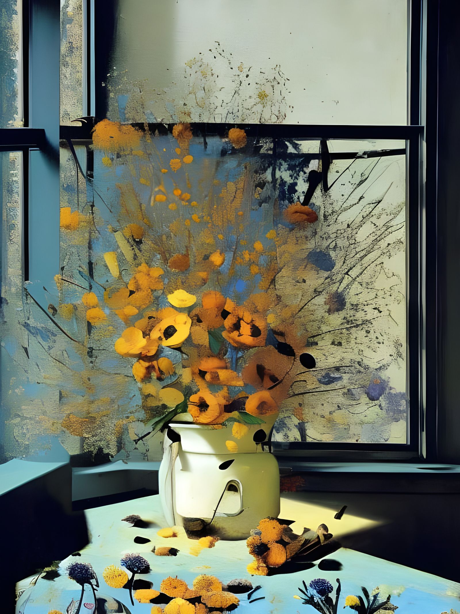 Dried Flowers in Copper Bucket: Action Painting Style