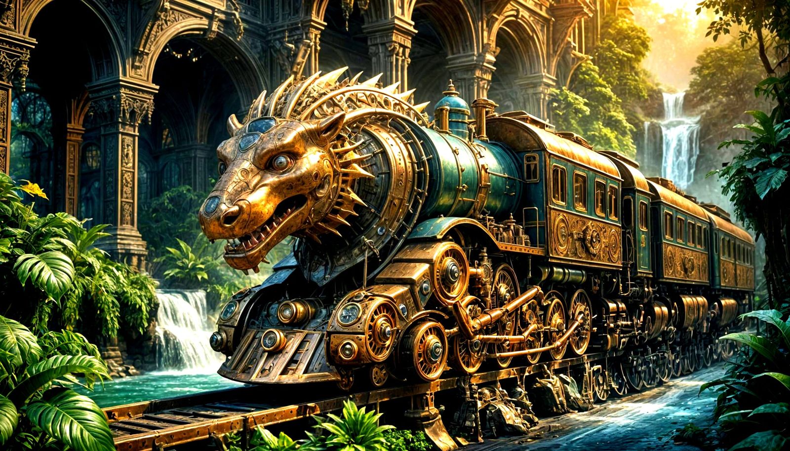 Steampunk Beast-Train in a Whimsical Jungle Landscape