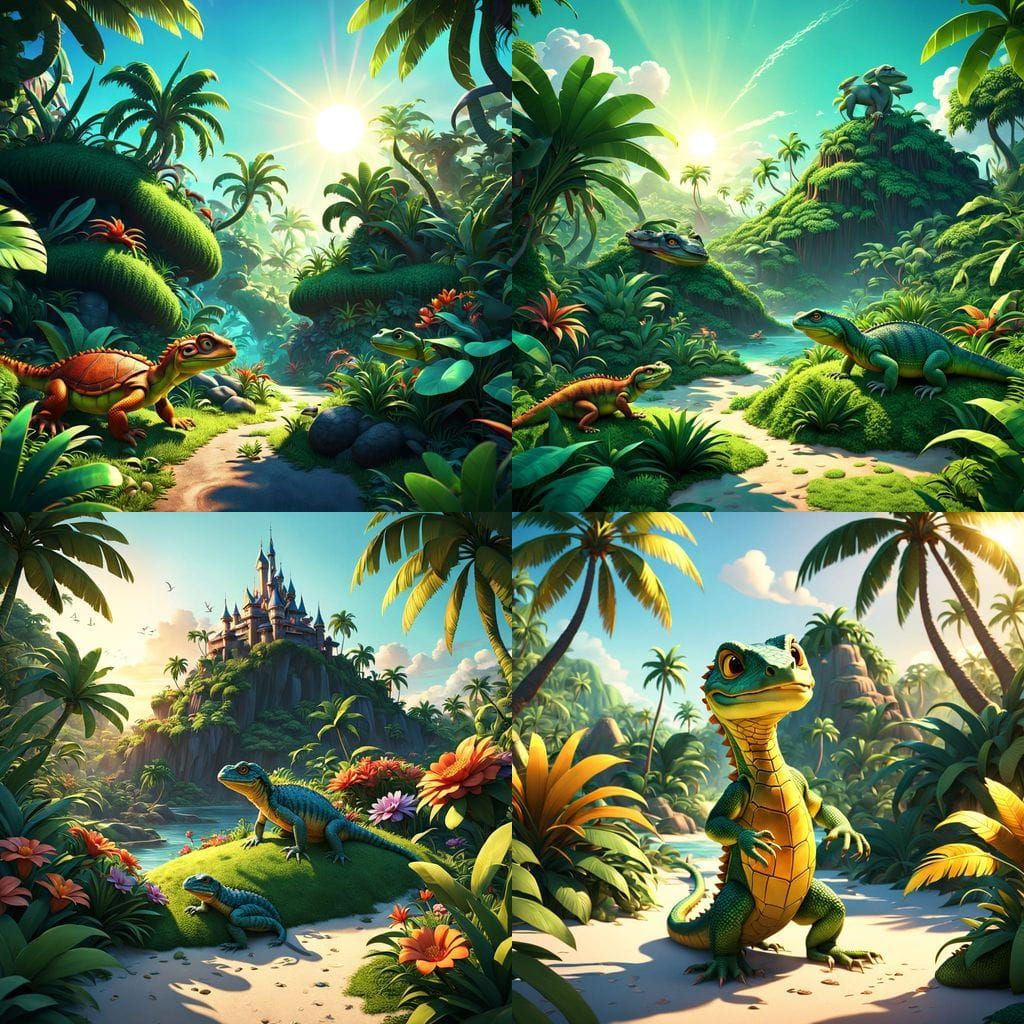 Tropical Reptile Island in Disney Animation Style