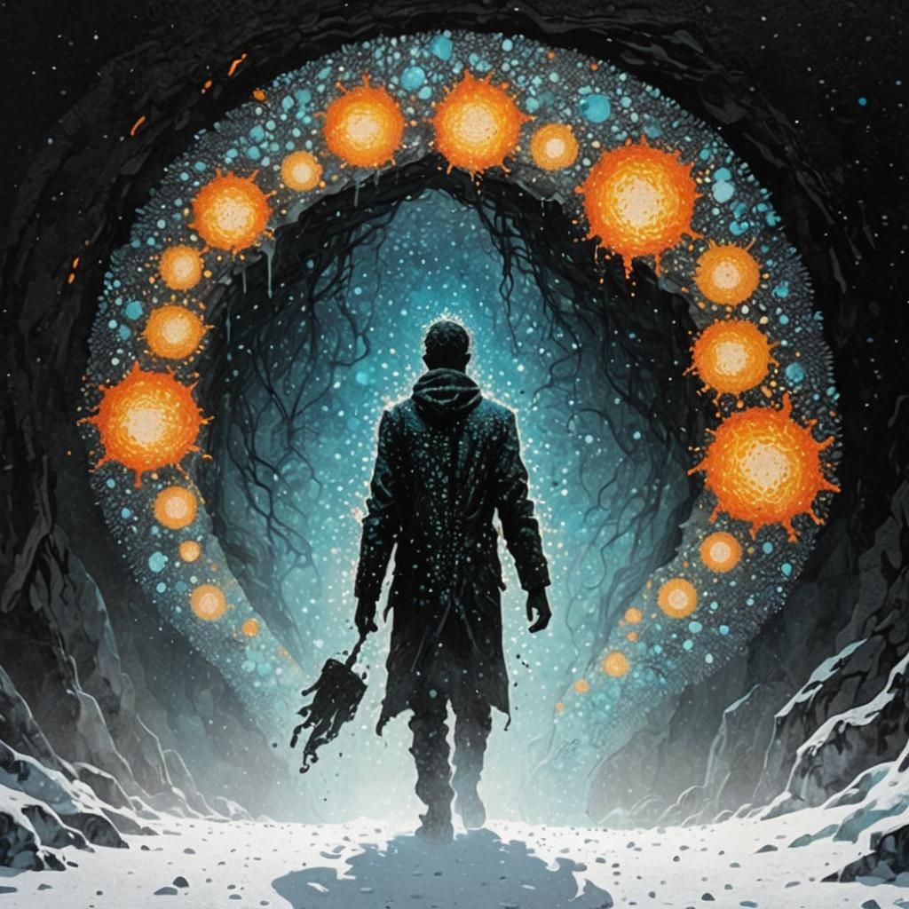 Pointillist Fire Monster in Ice Cave