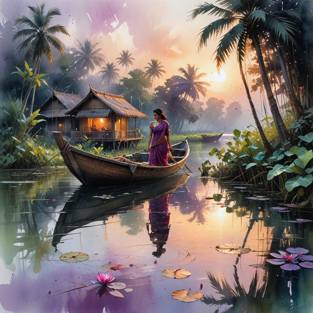Surreal Sunset Waterways in Kerala's Emerald Lagoons