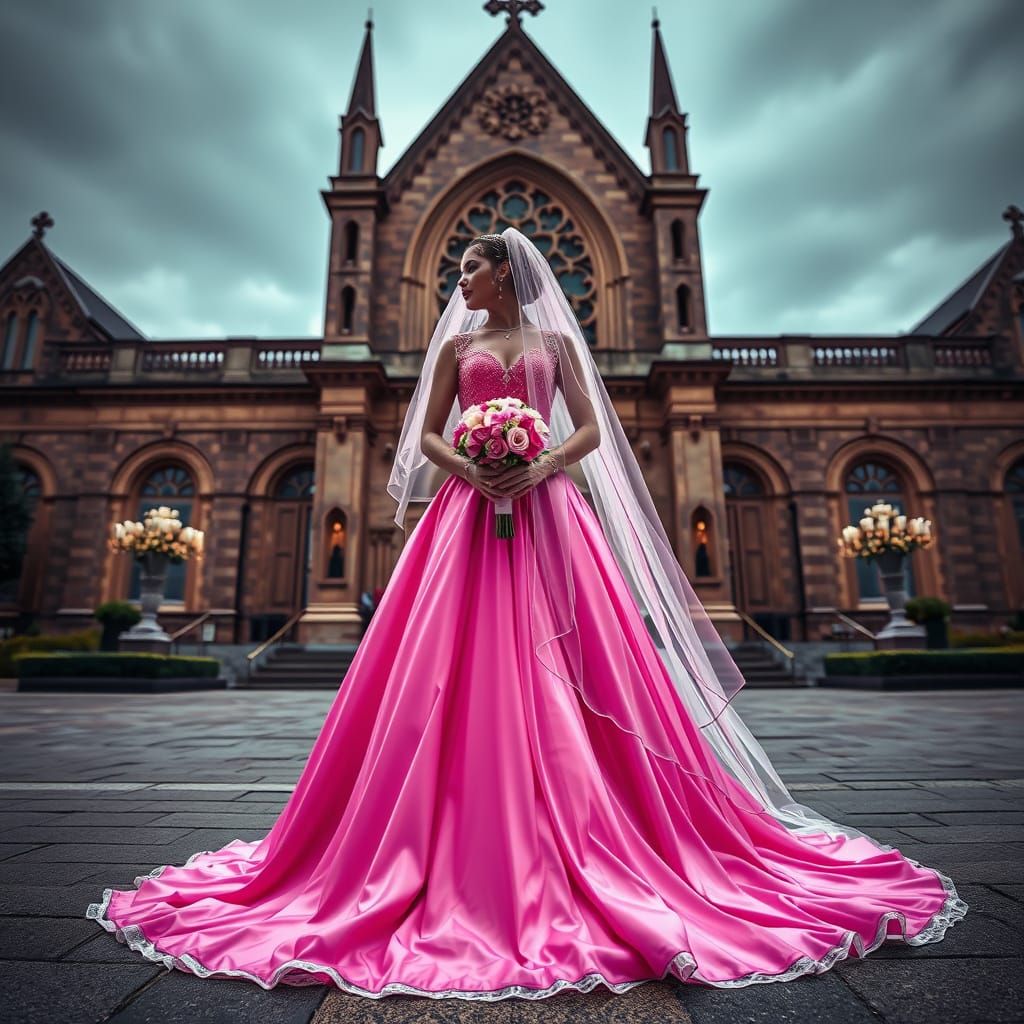 Bride in Hot Pink Dress at Grand Church