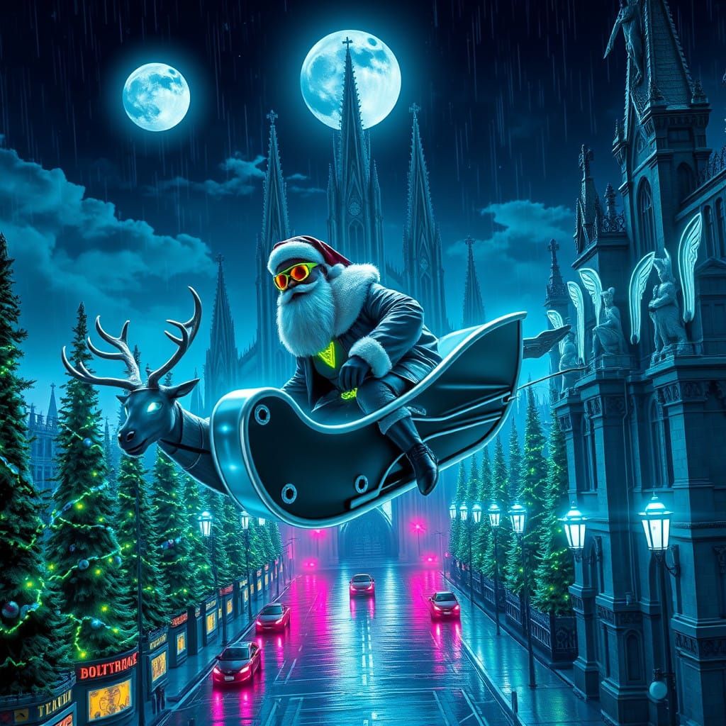 Cyberpunk Santa Claus Soars Through Moonlit Skies