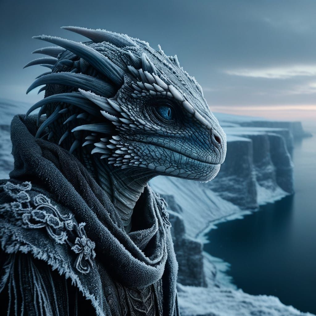 Frostbitten Lizard-Man Stands Resolute in Dark Fantasy Lands...