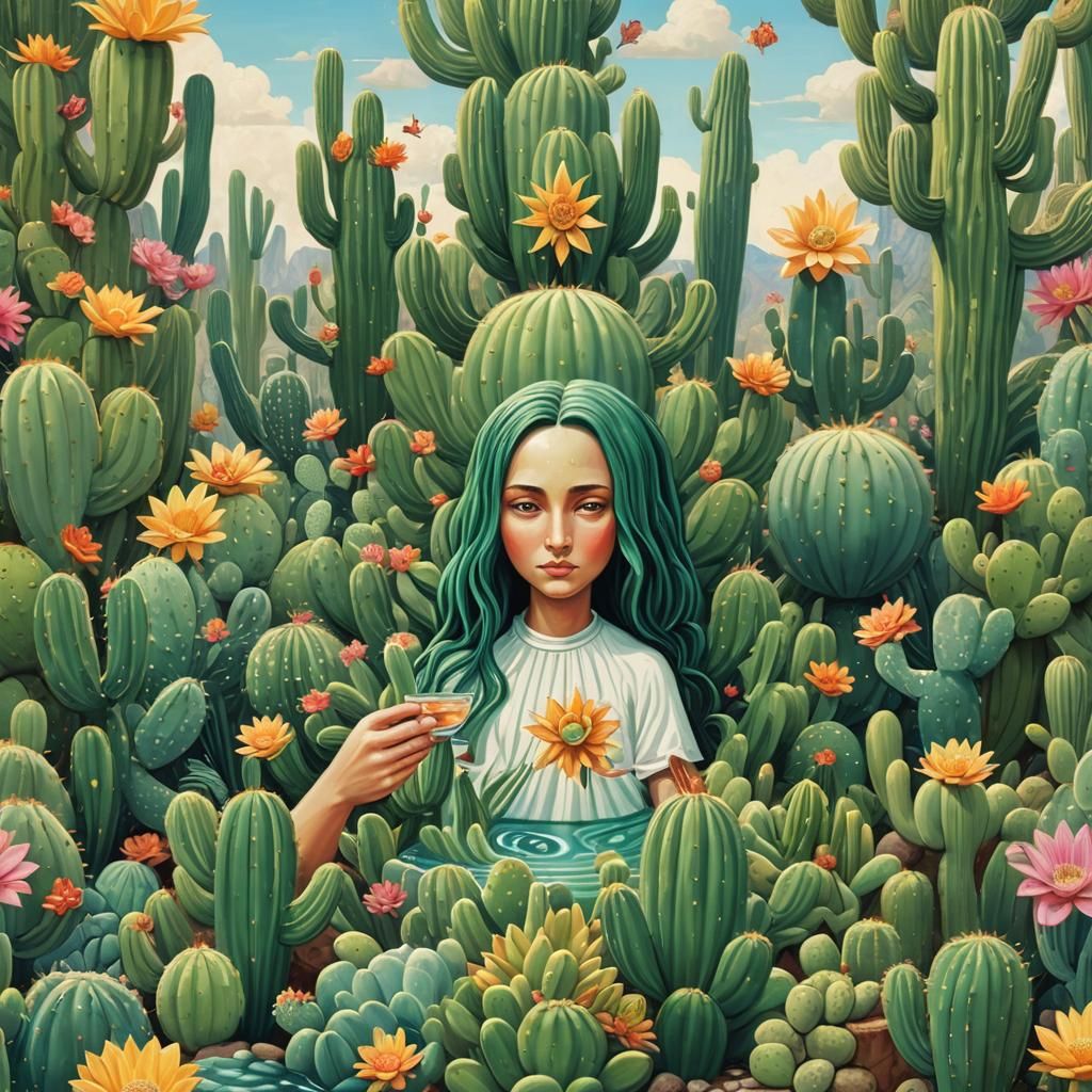 Surreal Fountain with Talking Cacti in Peca Art Style