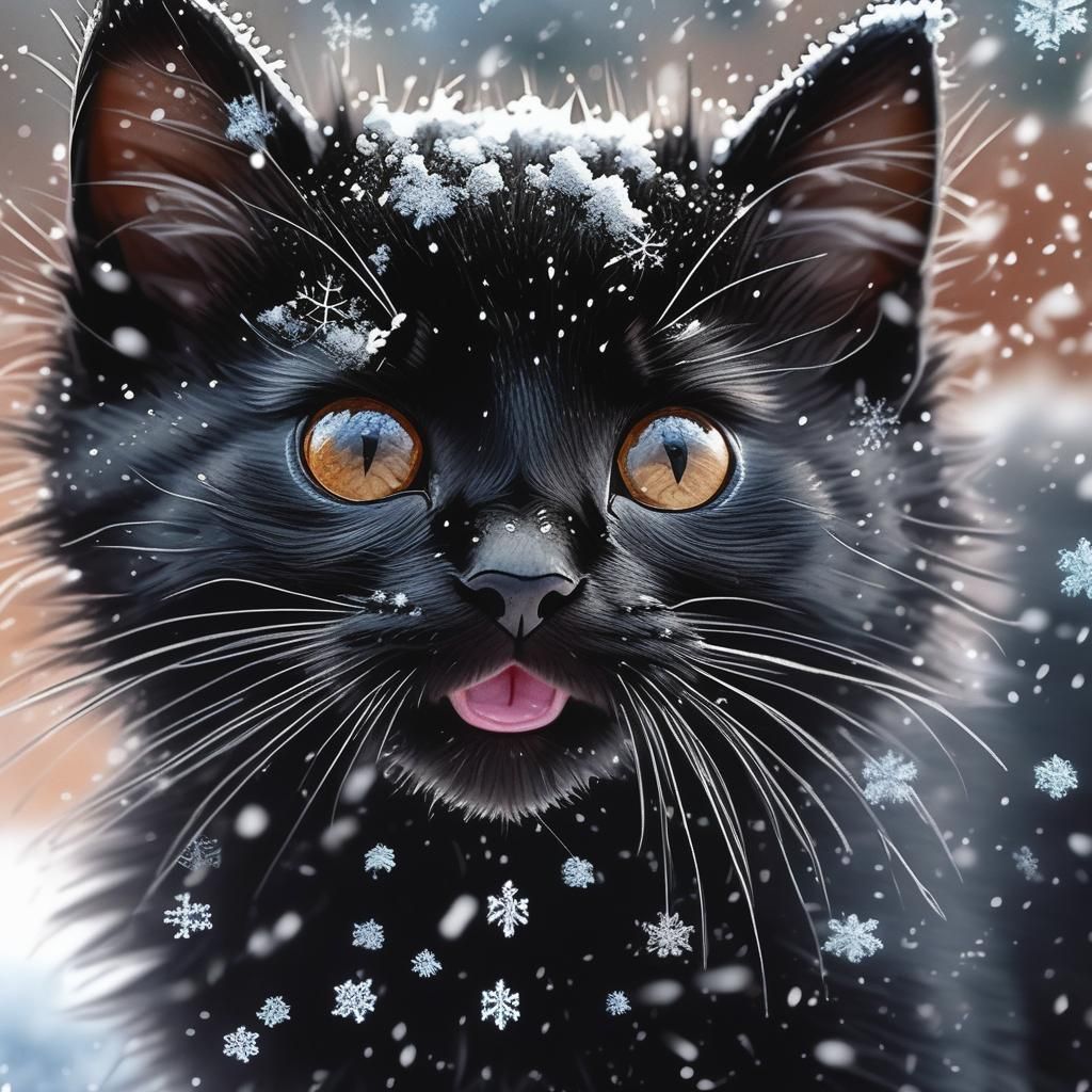 Macro Snowflakes on Kitten's Nose in Hyperrealism