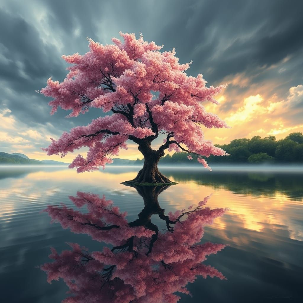 Majestic Peach Blossom Tree in Dramatic Whimsical Style