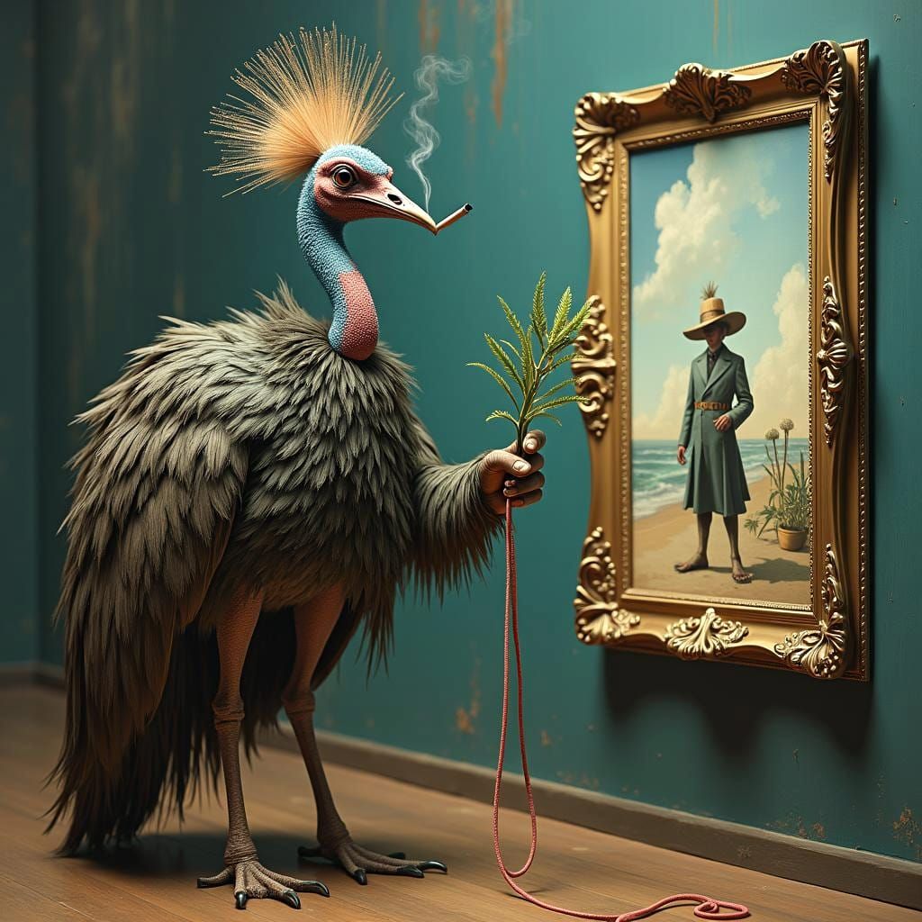 Surreal Cassowary Scene in Rene Magritte Style