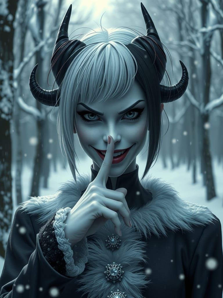 Cinematic Cruella in Winter Forest with Silence Gesture