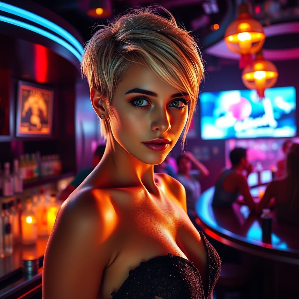 Woman in Cocktail Dress at Disco Bar, Digital Matte Painting