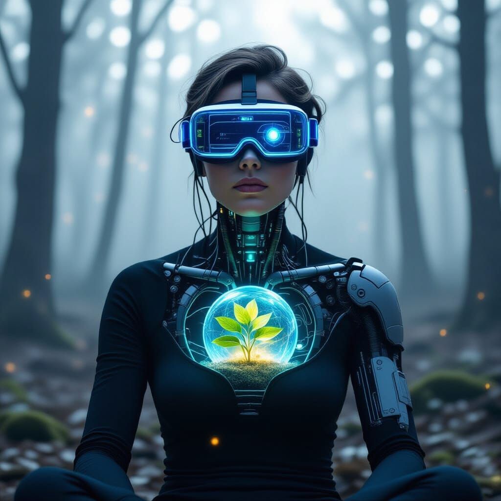 Futuristic Portrait: Biomechanical Being with Plant Heart