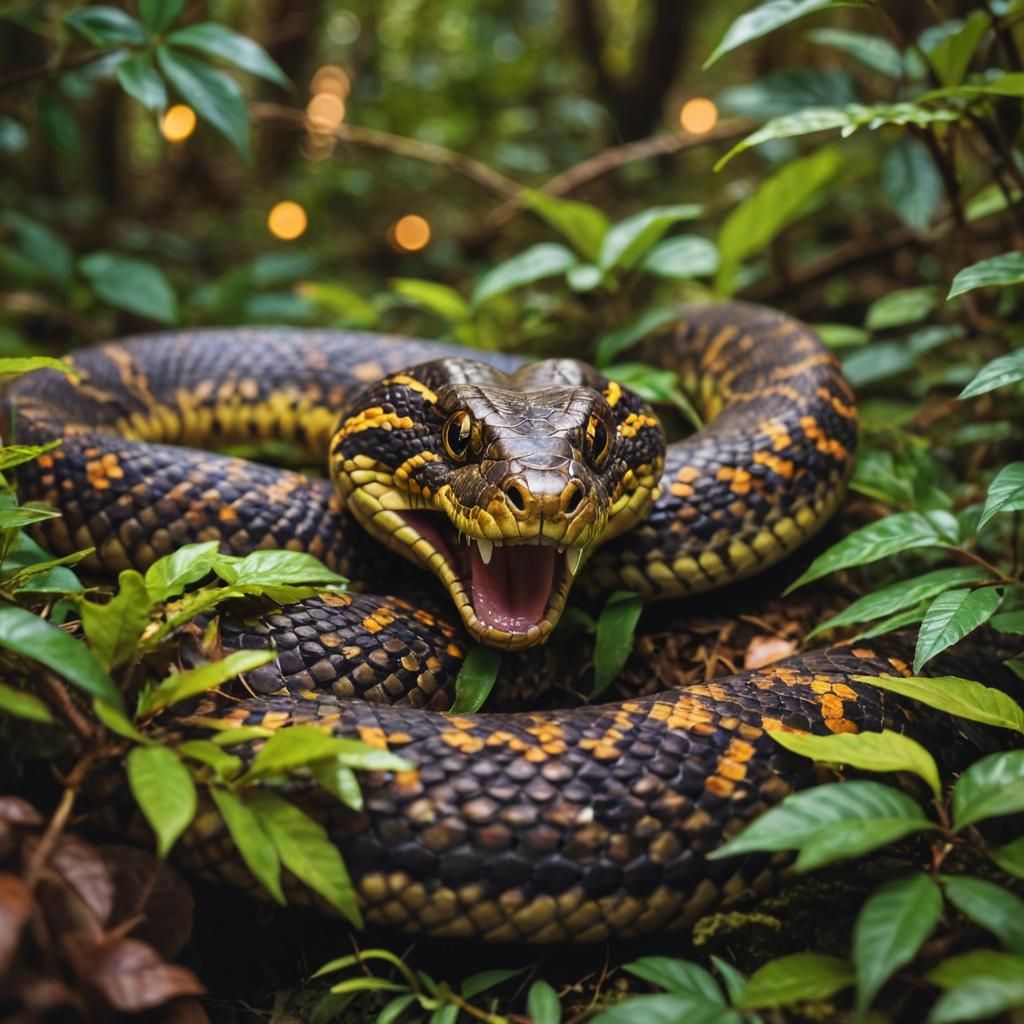 Mischievous Serpent Smiles in Vibrant Forest Macro