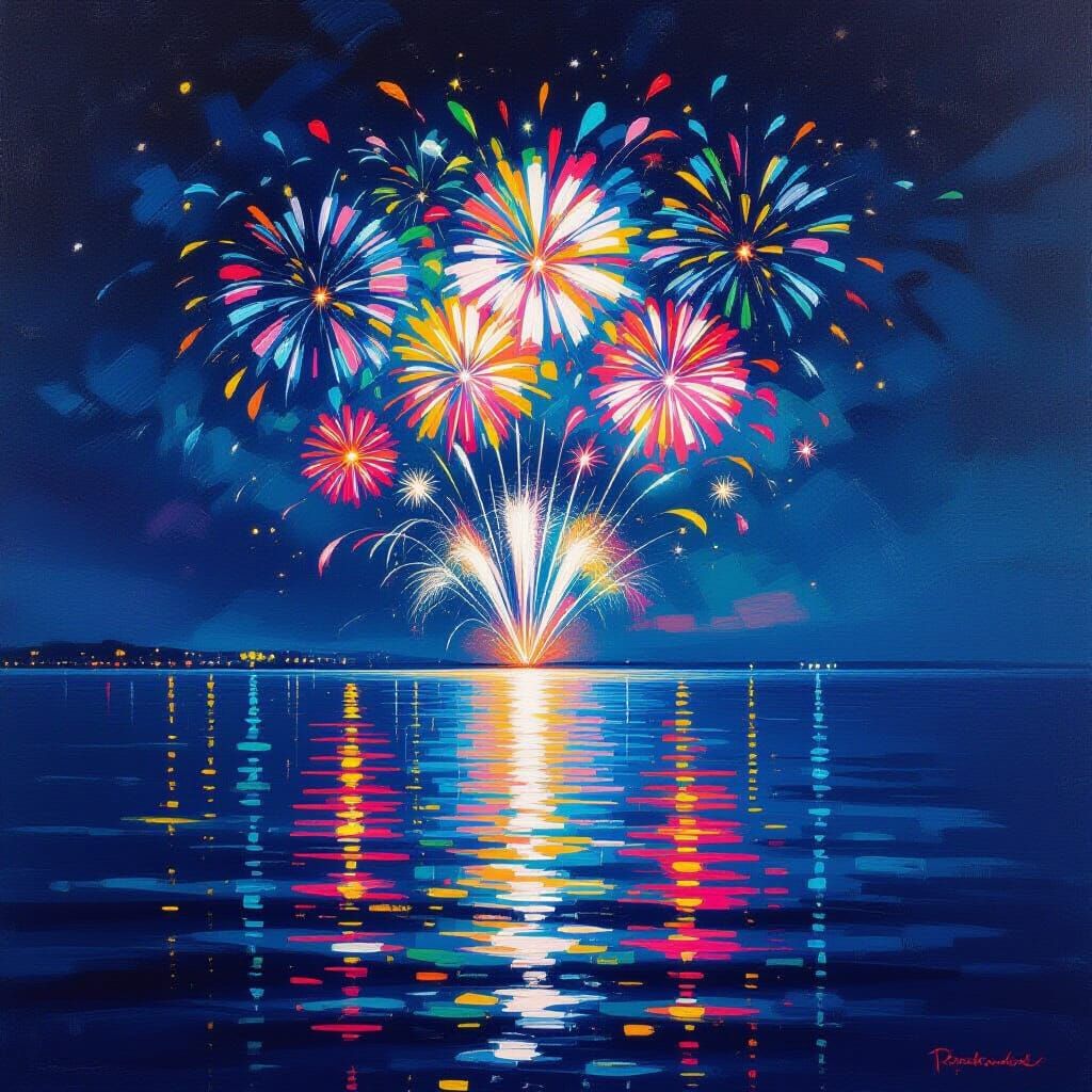 Fireworks Over Ocean in Impressionistic Style