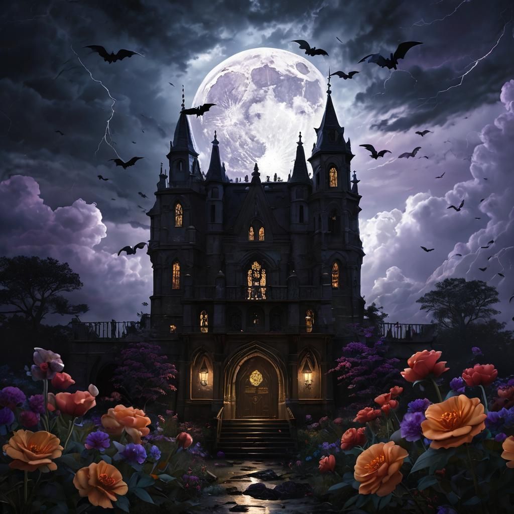 Dark Fantasy Skull with Flowers and Bats